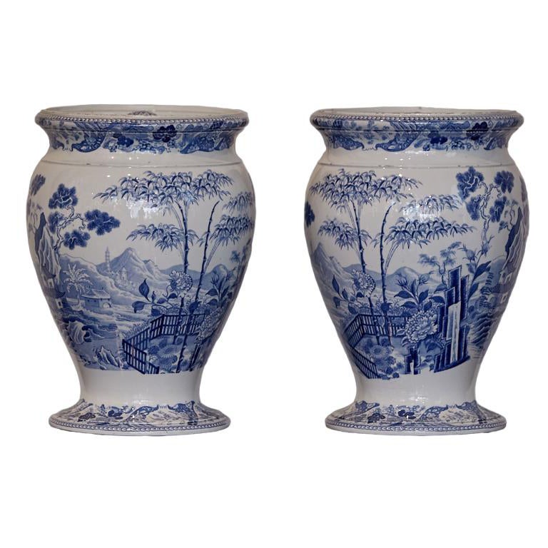 English Wedgwood Blue Palissade Lidded Urns with Chinoiserie Gardens, a Pair