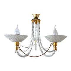 Vintage Murano Rope Glass and Brass Five-Arm Chandelier in the Manner of Toso