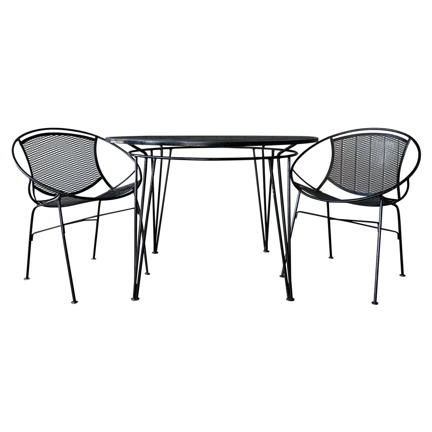 1960er Jahre Salterini Bistro-Essgarnitur aus Eisen für den Außenbereich, Tisch und zwei Stühle