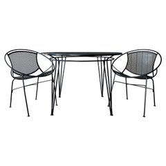 1960s iron Salterini outdoor bistro dining set, table and two chairs