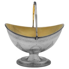Victorian Engraved Antique Sterling Silver Sugar Basket - London 1882