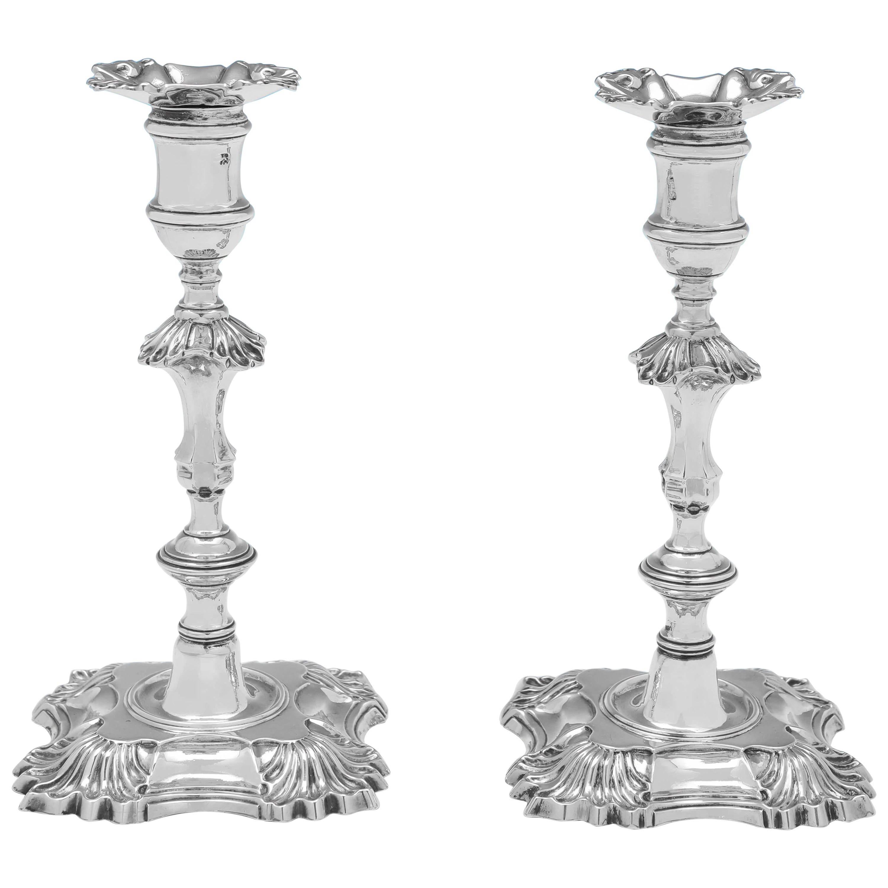 George II Period Cast Sterling Silver Candlesticks - 4 Shell - London 1751