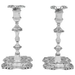 Antique George II Period Cast Sterling Silver Candlesticks - 4 Shell - London 1751