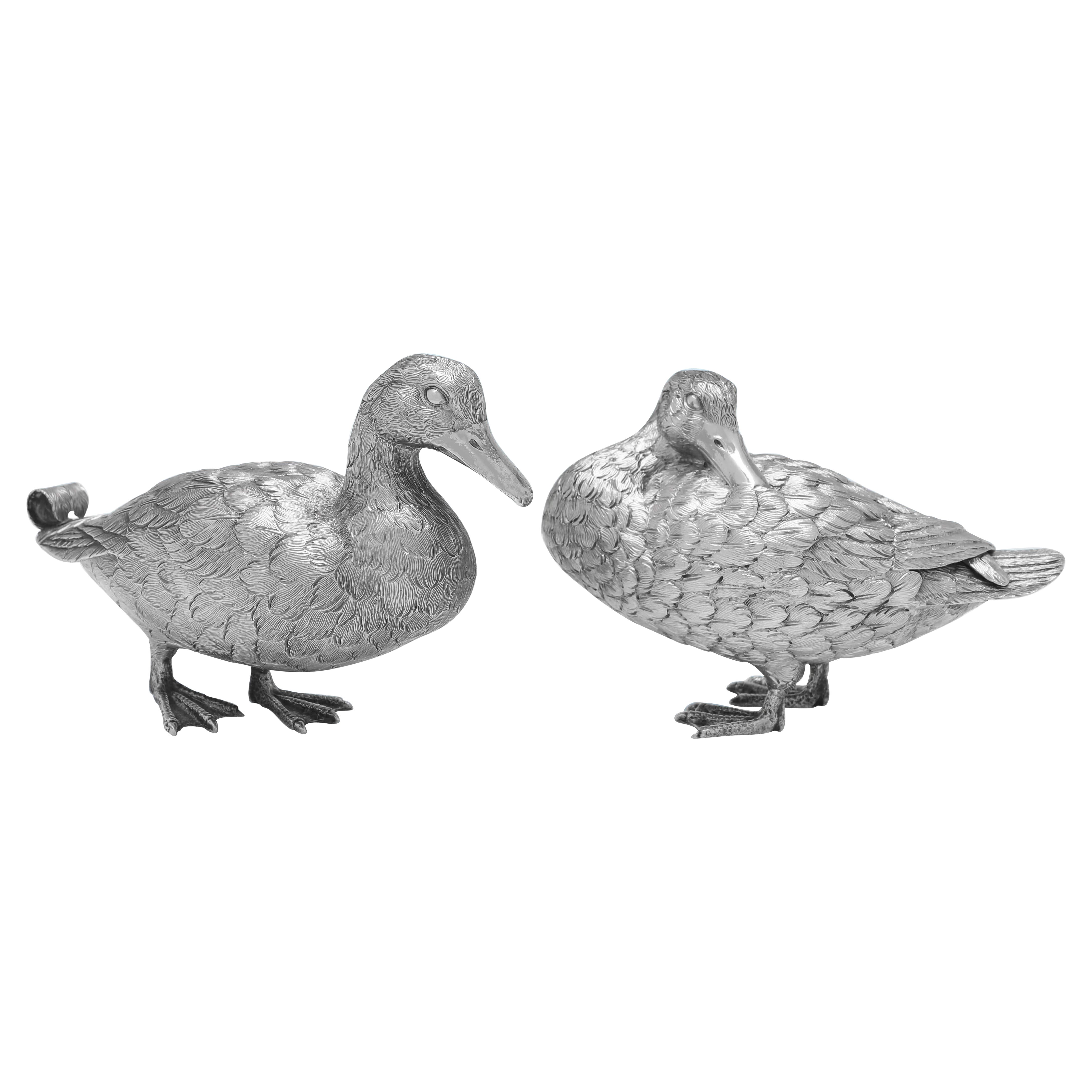 Cast Sterling Silver Pair of Duck Models - London 1992 Richard Comyns