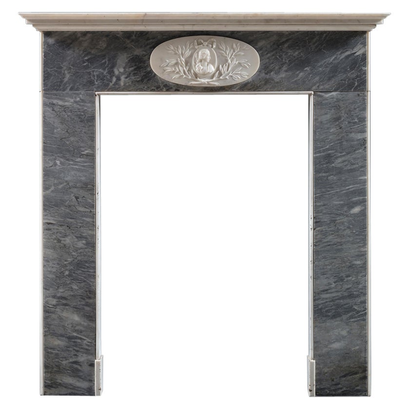 A  late 18th / early 19th Century chimneypiece in Bardiglio and white Marble For Sale