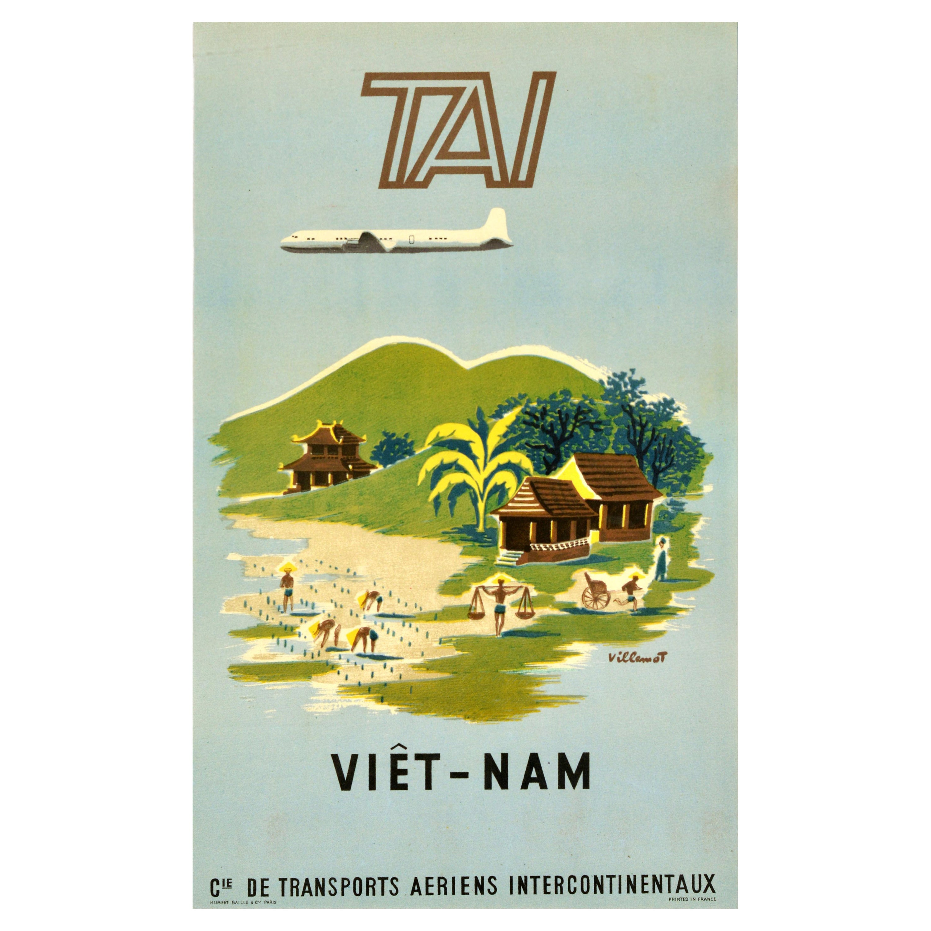 Original Vintage Travel Poster TAI Airline Vietnam Asia Villemot Midcentury Art