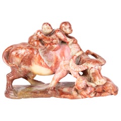Antique Chinese Soapstone Carving of Children Riding Ox Sculpture 19th Century Qing