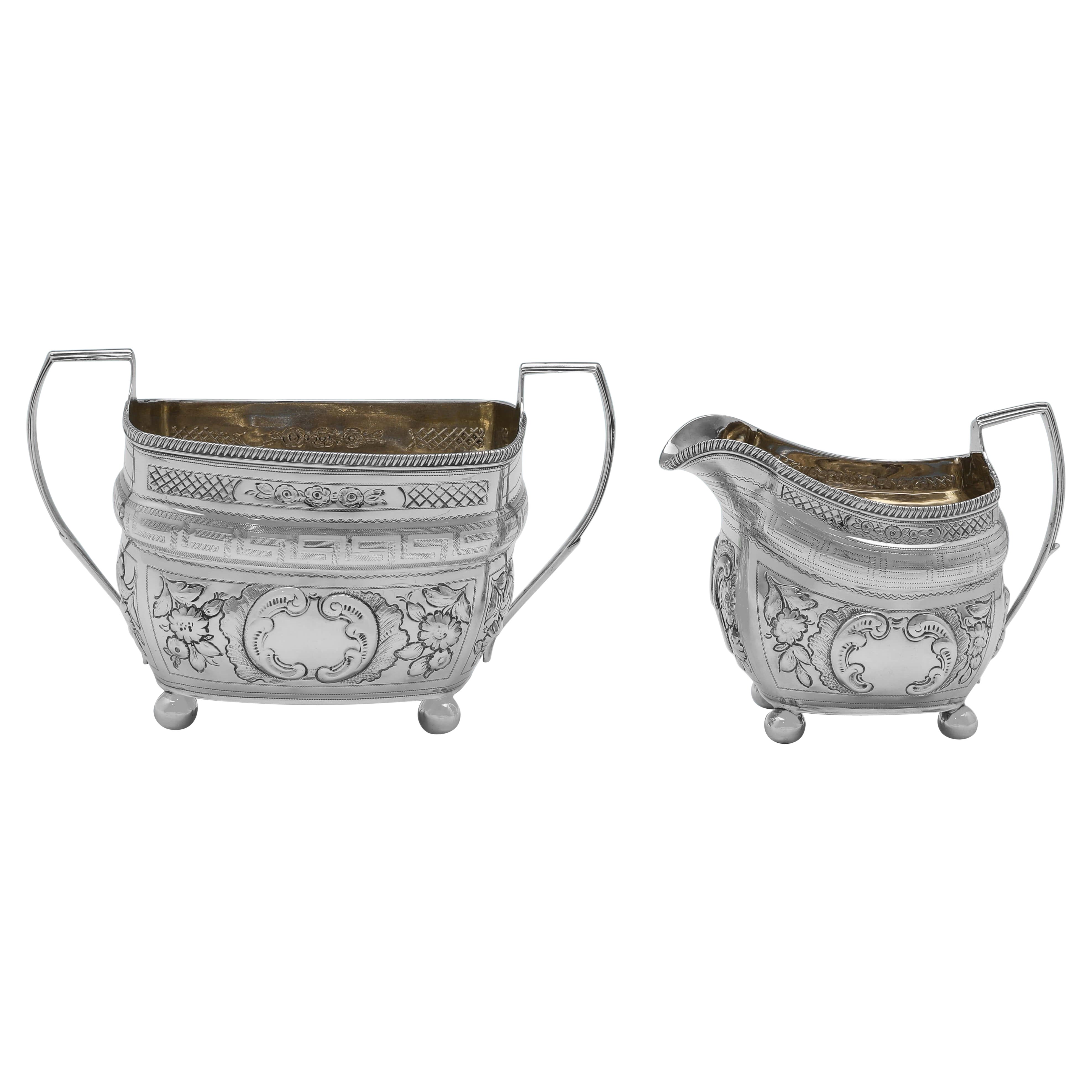 Later Chased George III Sterling Silver Sugar & Cream Set - London 1804 For Sale