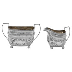 Later Chased George III Sterling Silver Sugar & Cream Set - London 1804