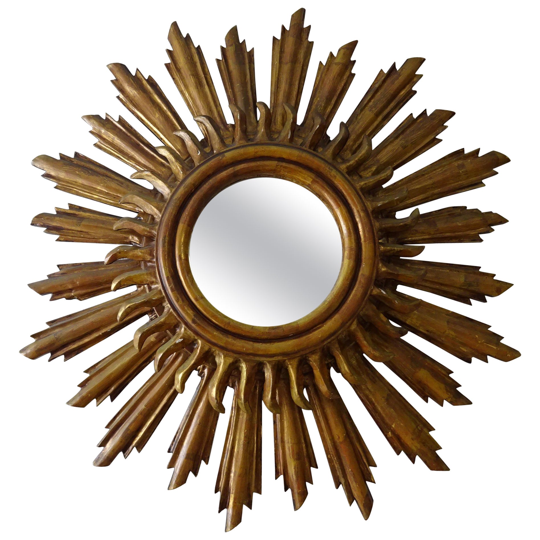 1920s French Big 28" Double Gold Gilt Sunburst Starburst Mirror