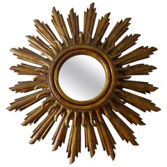 Grand miroir français des années 1920, 28", double miroir doré à rayons de soleil et à étoiles