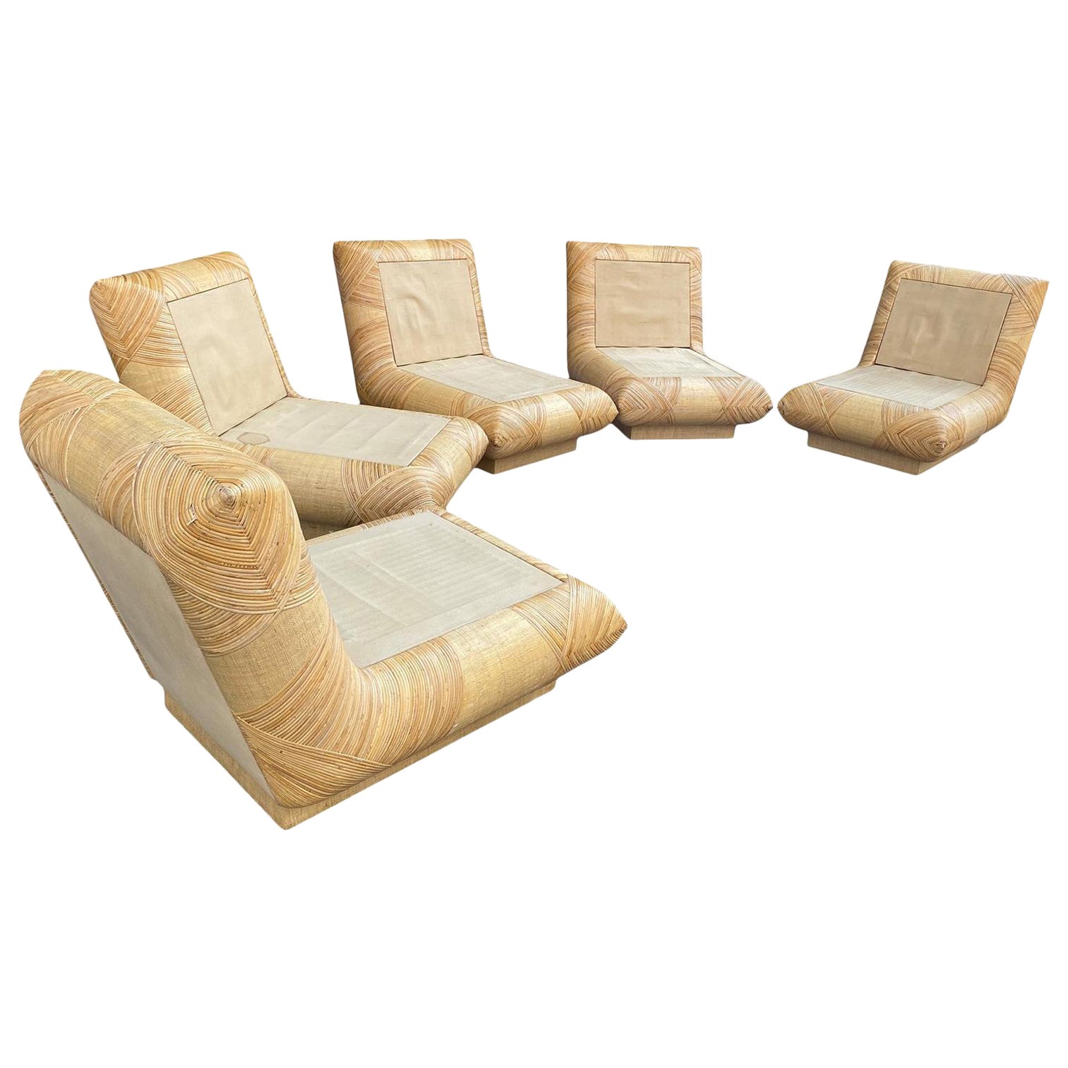 1970s Rattan Wrapped Bamboo Unique Slipper Lounge Chairs For Sale