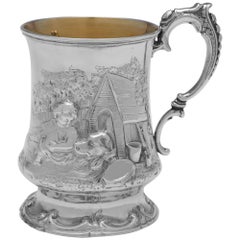 Antique Victorian Sterling Silver Christening Mug - Chased Scene of a Dog & Child - 1855