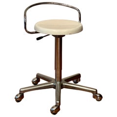 Vintage 70's Swivel Adjustable Height Rolling Work Stool with Lacquered Seat