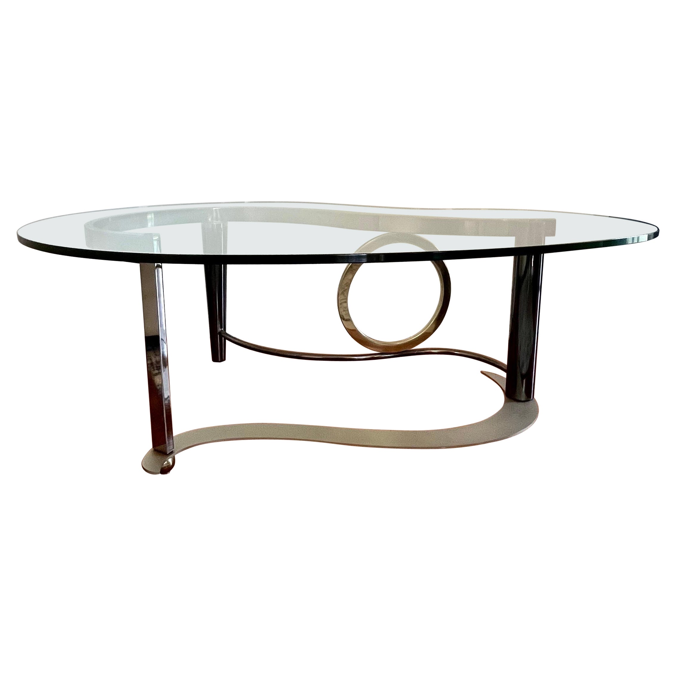Postmodern DIA style steel and brass kidney shape coffee table