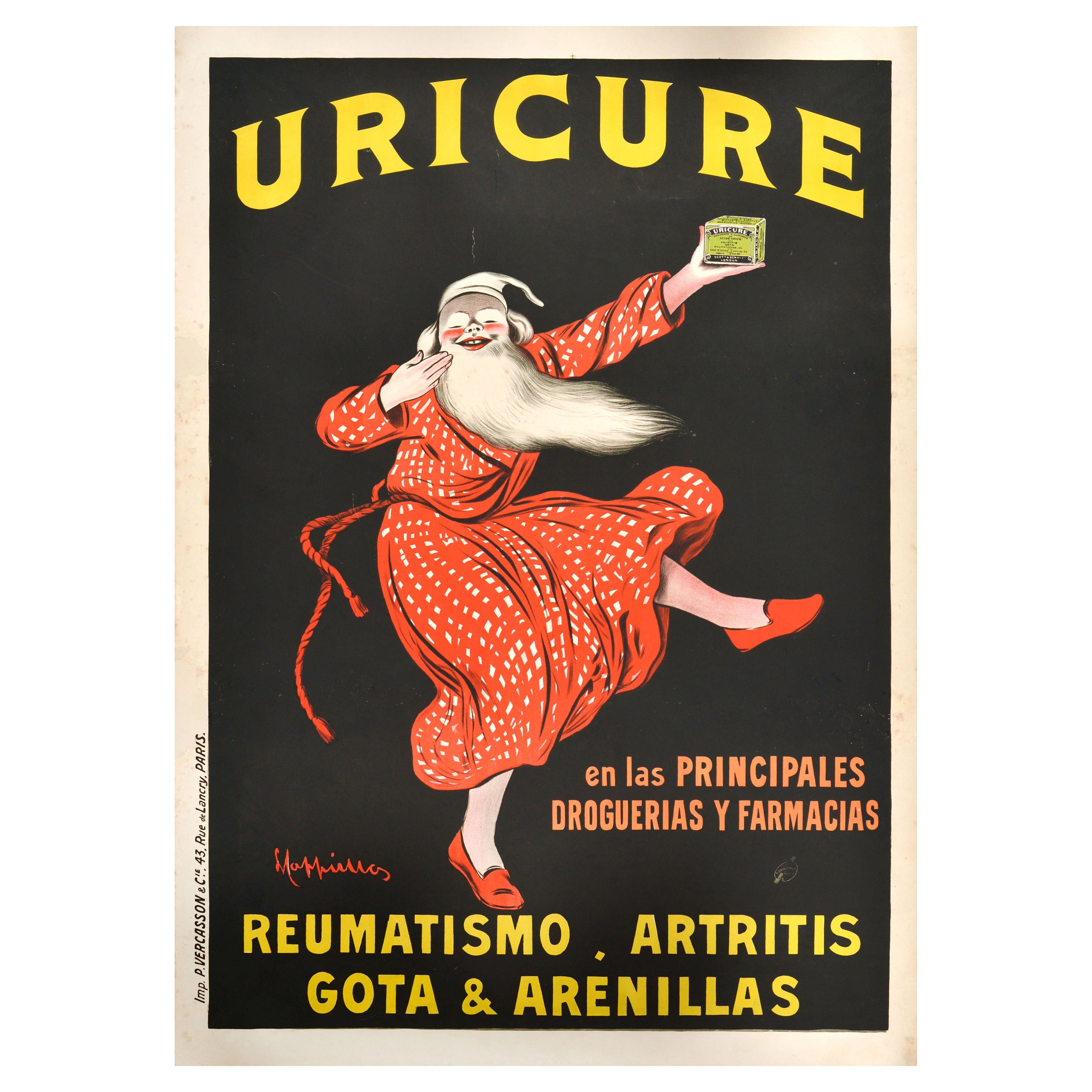 Affiche publicitaire d'origine ancienne Uricure Medicine Leonetto Cappiello Design