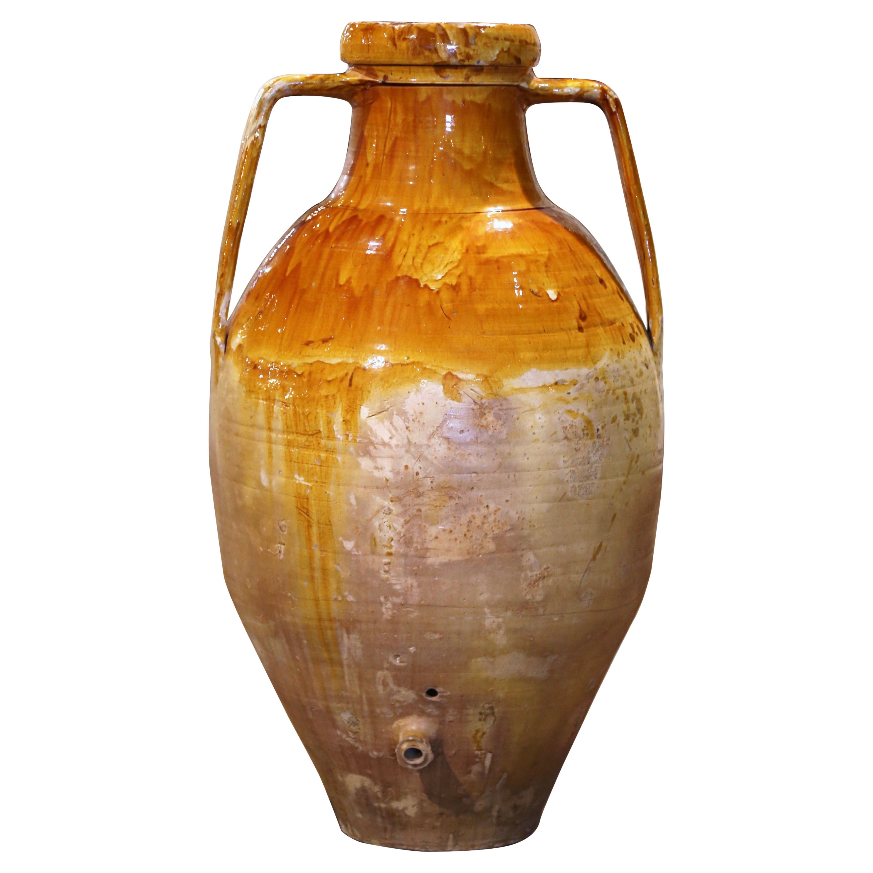 Ánfora italiana del siglo XIX Tarro de aceite de oliva de terracota esmaltado con mostaza
