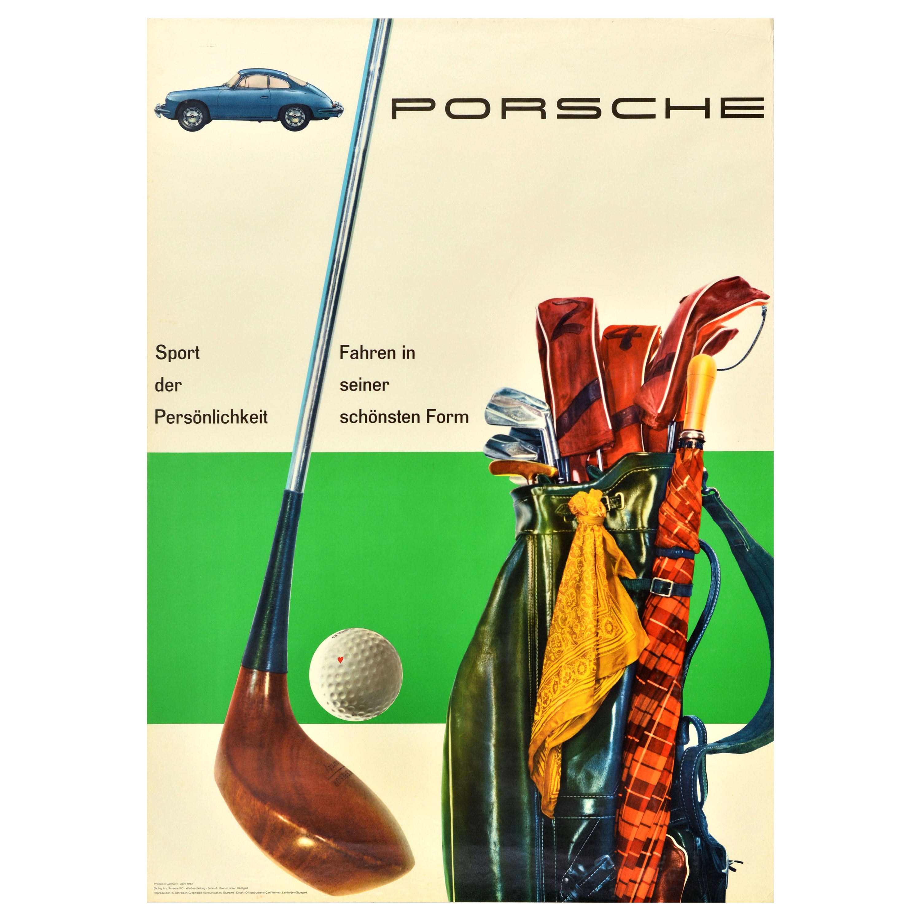 Poster pubblicitario d'epoca Porsche Golf Sport della personalità di Lohrer in vendita