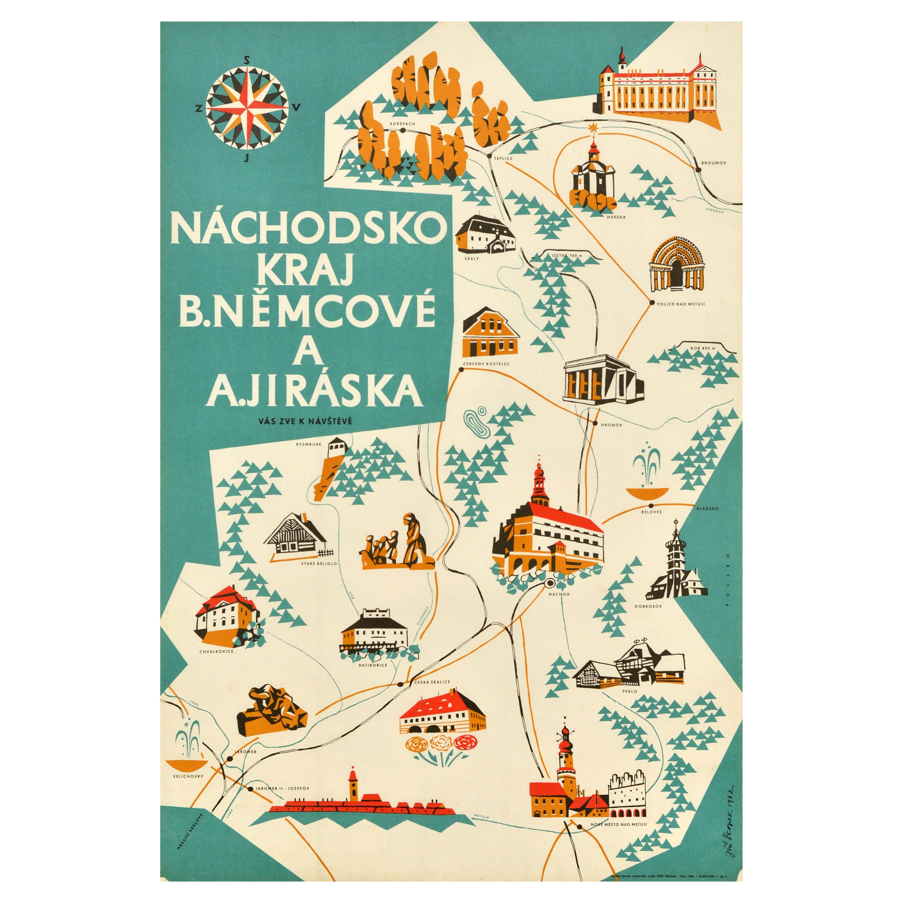 Carte de voyage vintage originale de la région de Nachod en Tchécoslovaquie, design tchèque
