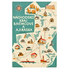 Original Retro Pictorial Travel Map Nachod Region Czechoslovakia Czech Design