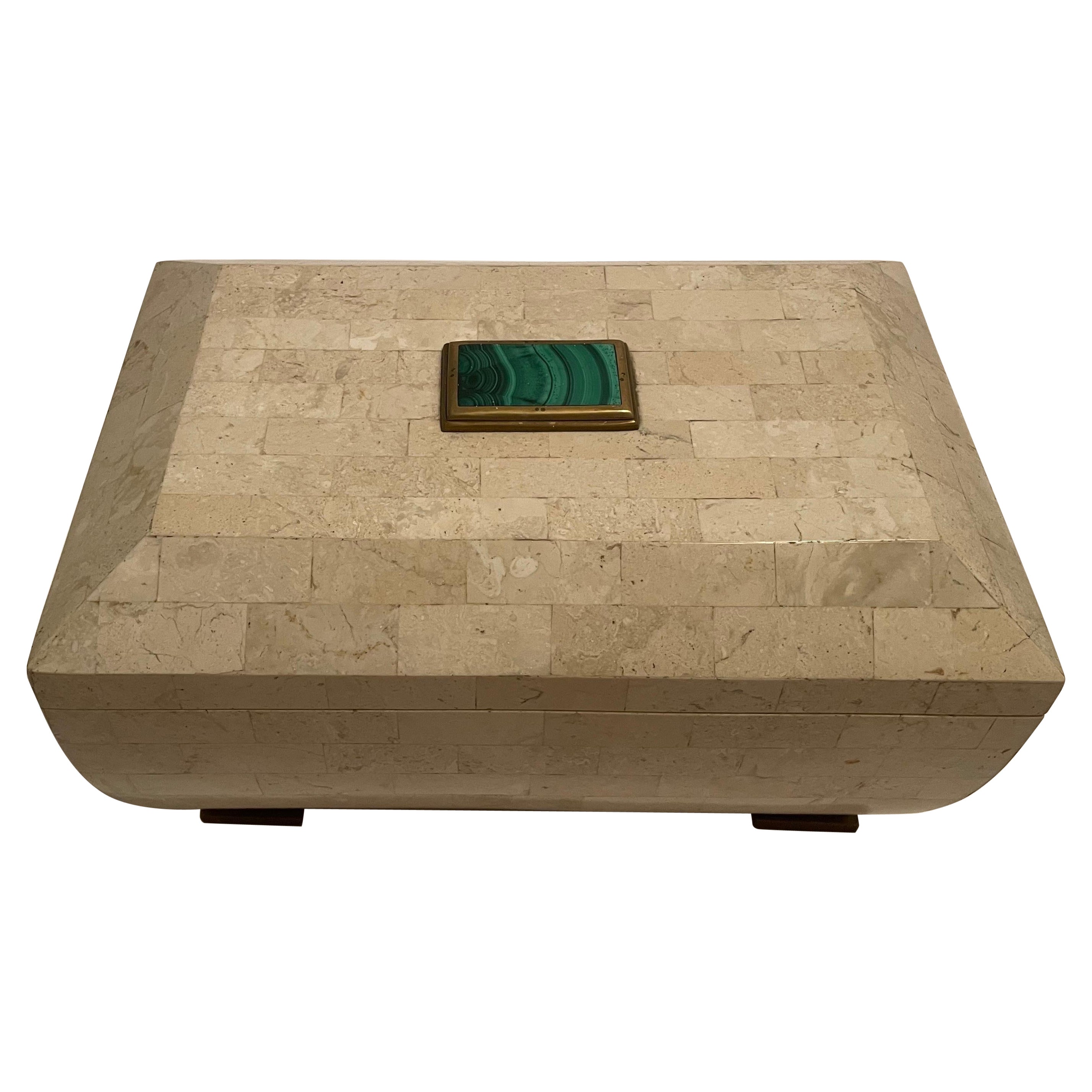 Maitland Smith tessellated stone box with green malachite stone on top  For Sale