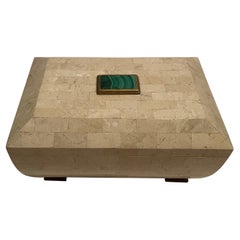 Maitland Smith tessellated stone box with green malachite stone on top 