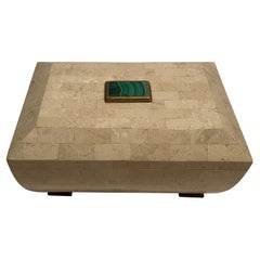 Maitland Smith tessellated stone box with green malachite stone on top