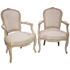 Pair of Antique French Parcel Paint Cabriolet Armchairs, Late 19th Century