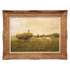 Antique French Oil Painting, A Hay Collection Scene by Emile Lienard