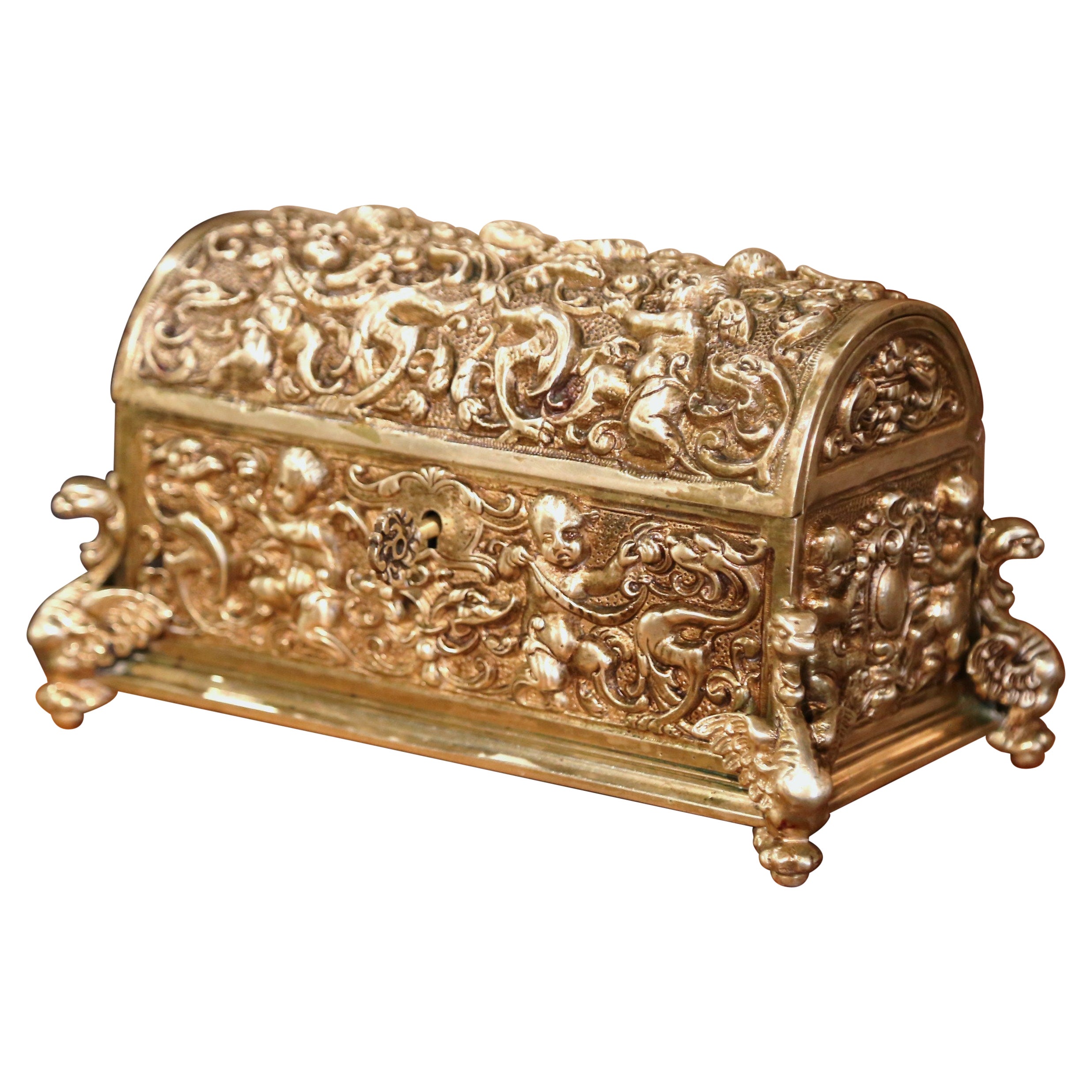 19th Century French Gothic Bronze Doré Jewelry Box with Repousse Cherub Motifs
