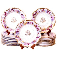 Antique Set Of 18 Cauldon Gilt Decorated Porcelain Dessert Plates With Pansies
