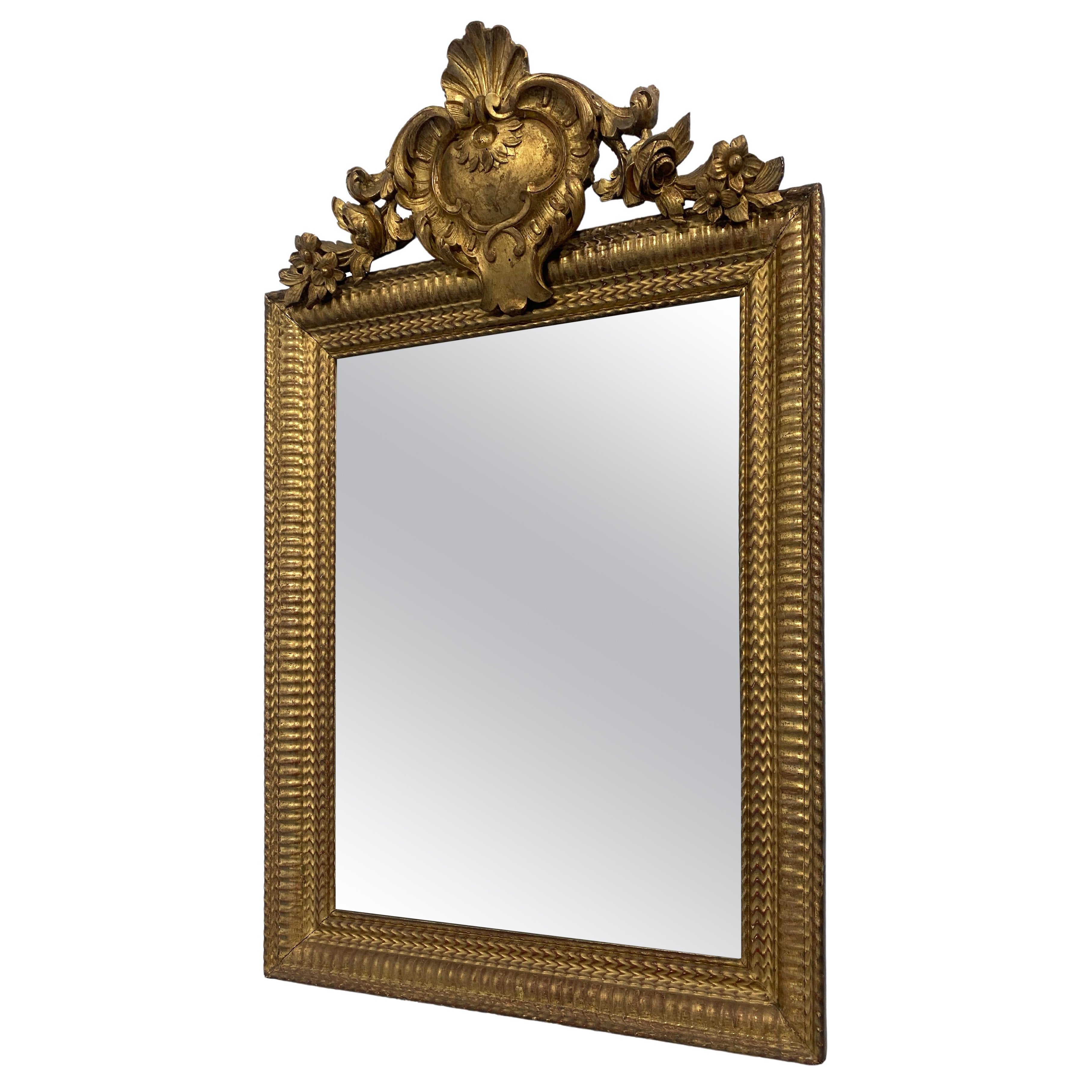 Antica specchiera francese dorata a foglia d'oro epoca Luigi Filippo, 1850