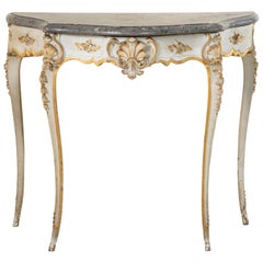 Console de style Louis XV du 19ème siècle peinte et sculptée à la main avec plateau en marbre