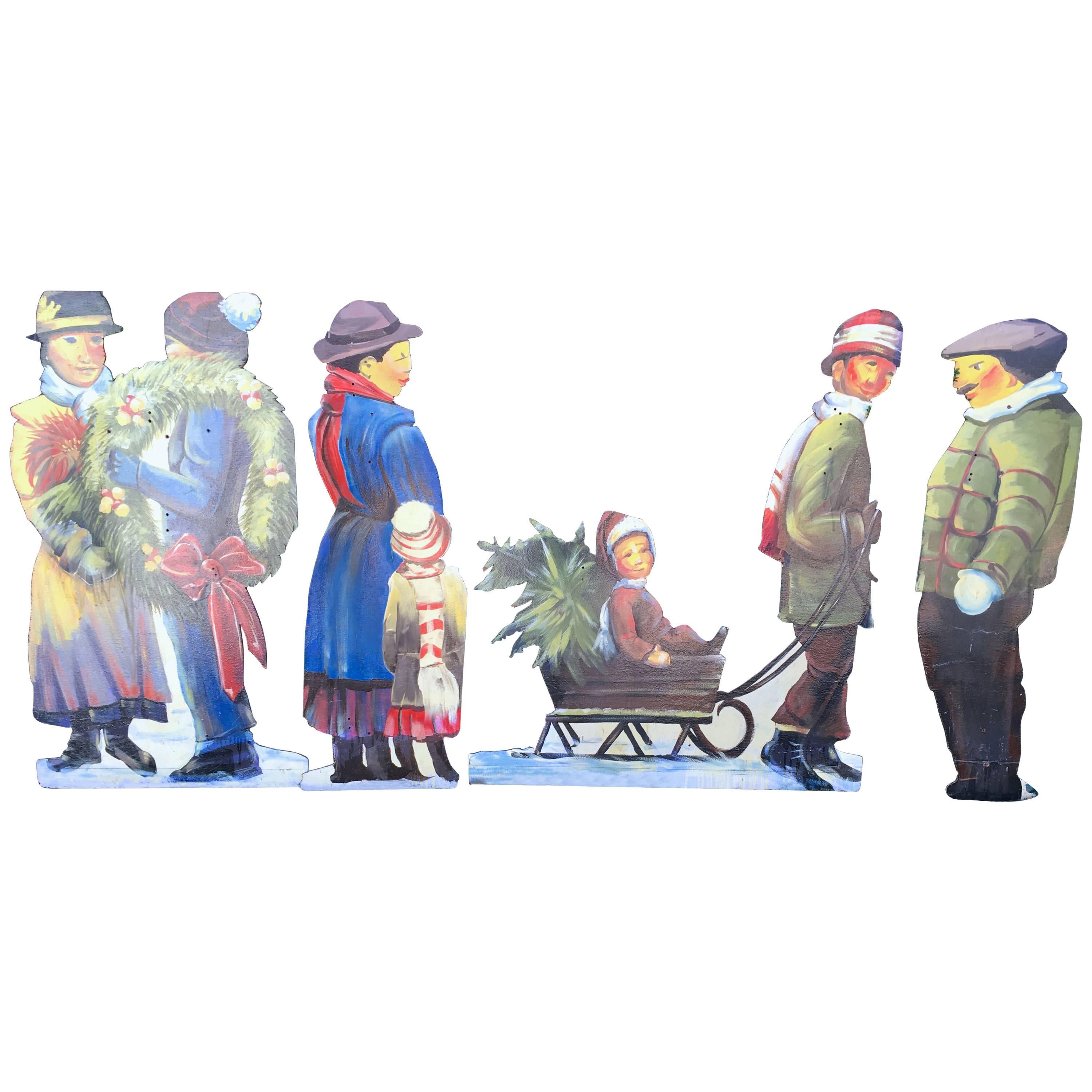 Set of Large Painted Holiday/Winter Village Scene Figures For Sale