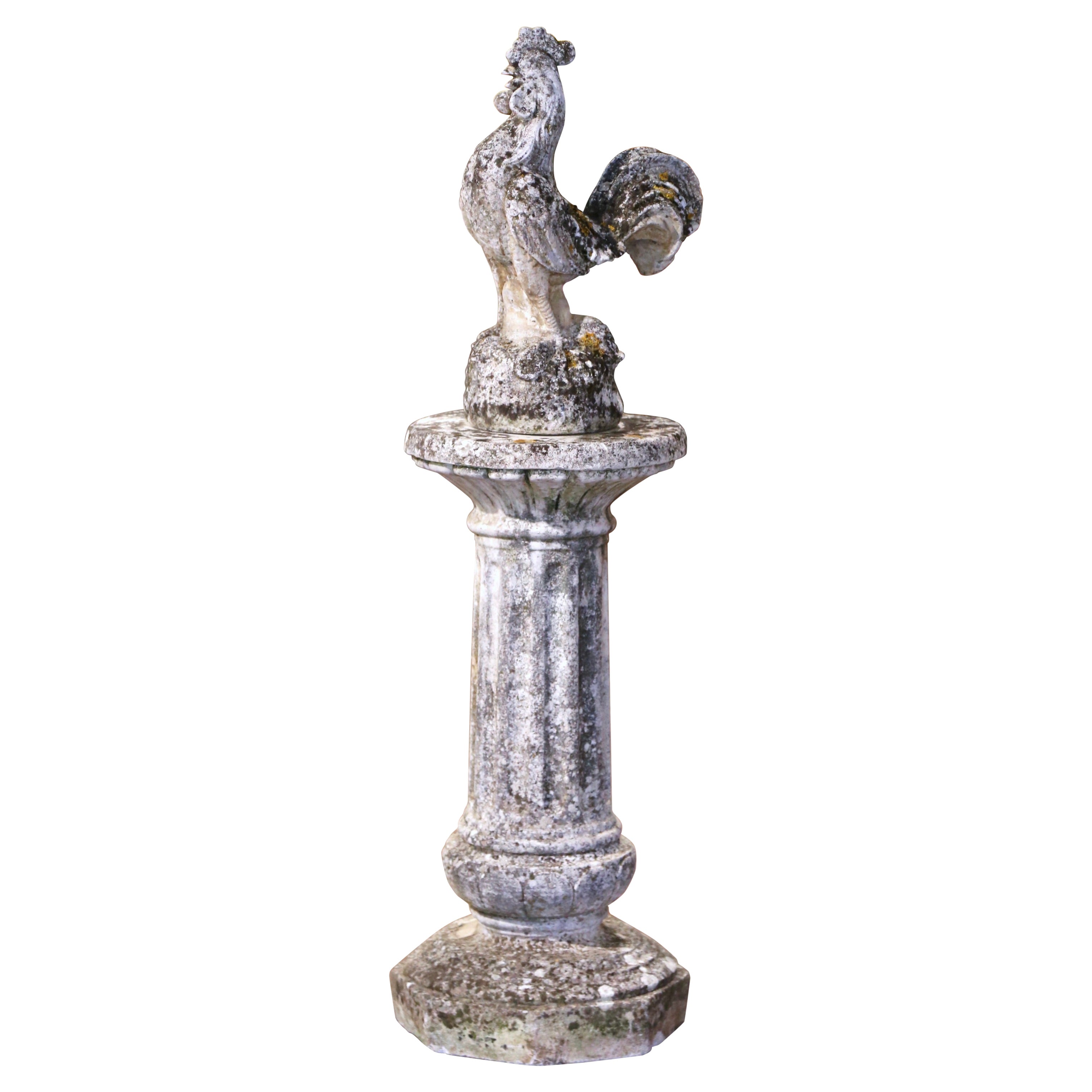 Early 20th Century Carved Stone Pedestal and Rooster Sculpture Garden Statuary For Sale