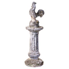 Early 20th Century Carved Stone Pedestal and Rooster Sculpture Garden Statuary
