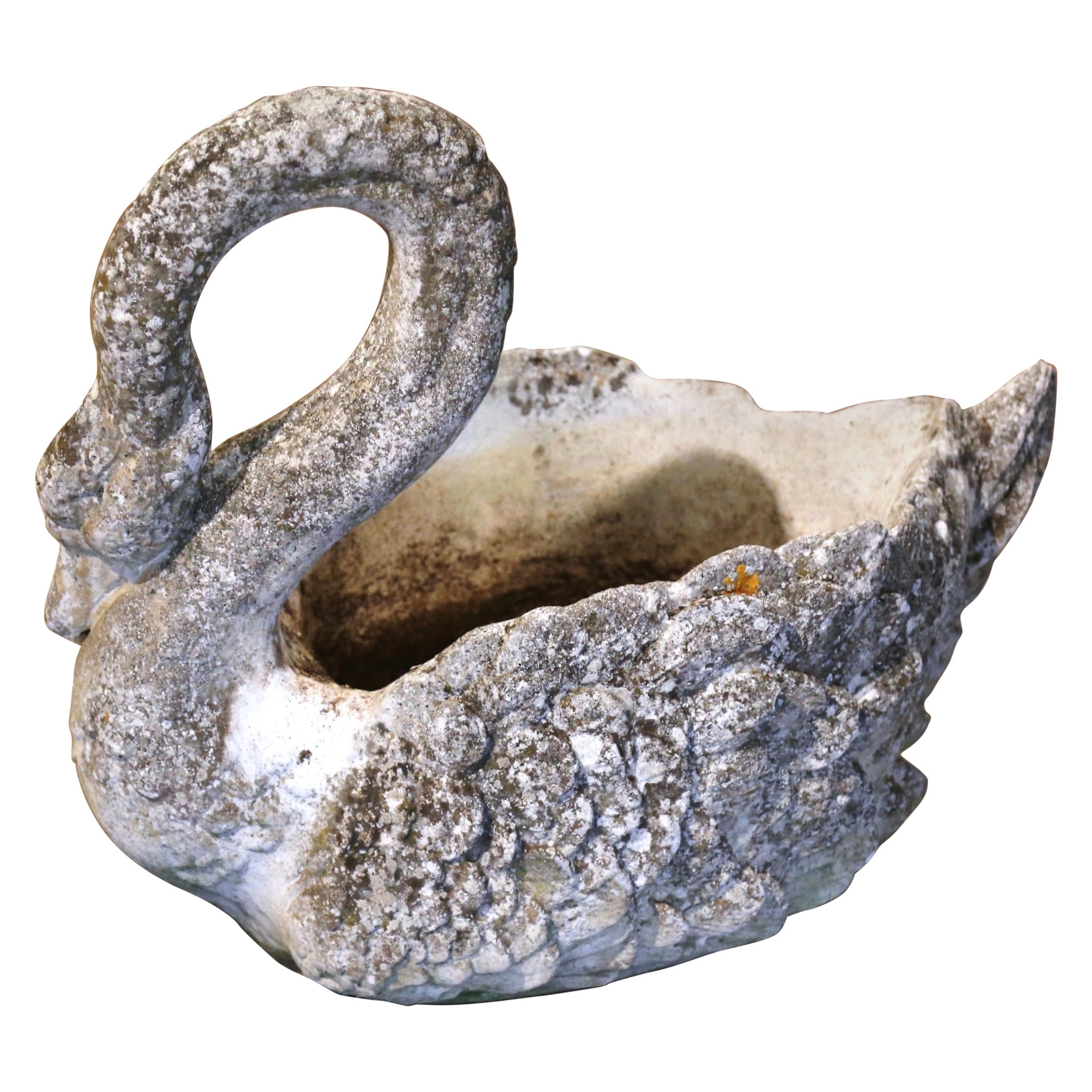 Early 20th Century French Carved Weathered Concrete Garden Swan Planter For Sale