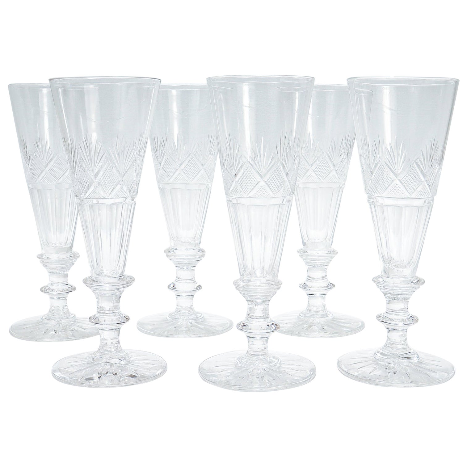 Set of 6 Antique 19th Century Cut Glass Champagne Flutes Attributed to Bakewell For Sale