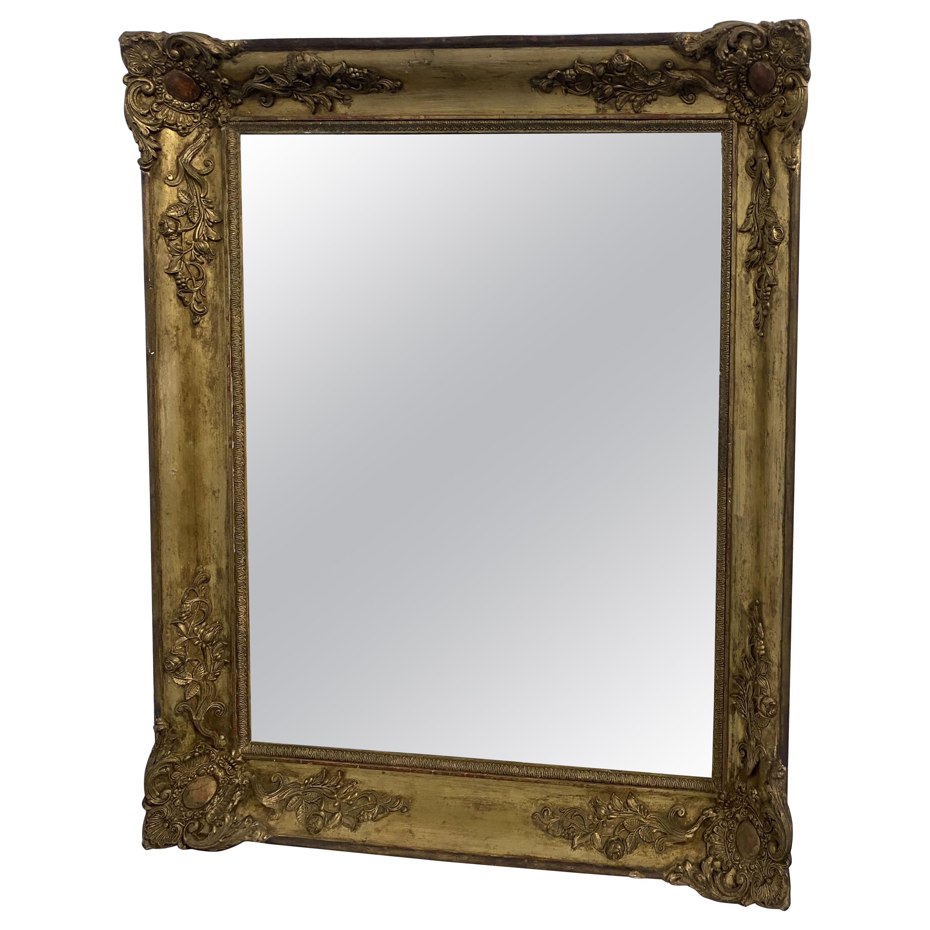 Miroir ancien français doré à la feuille d'or de l'époque Napoléon III, 1870