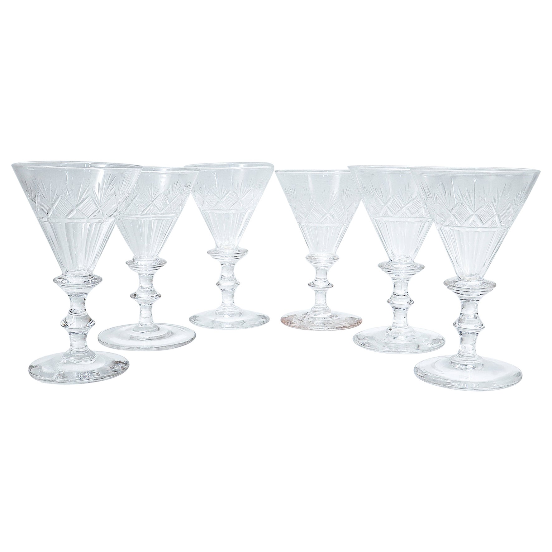 Set von 6 antiken Weingläsern oder Gläsern aus geschliffenem Glas aus dem 19. Jahrhundert, Bakewell zugeschrieben im Angebot