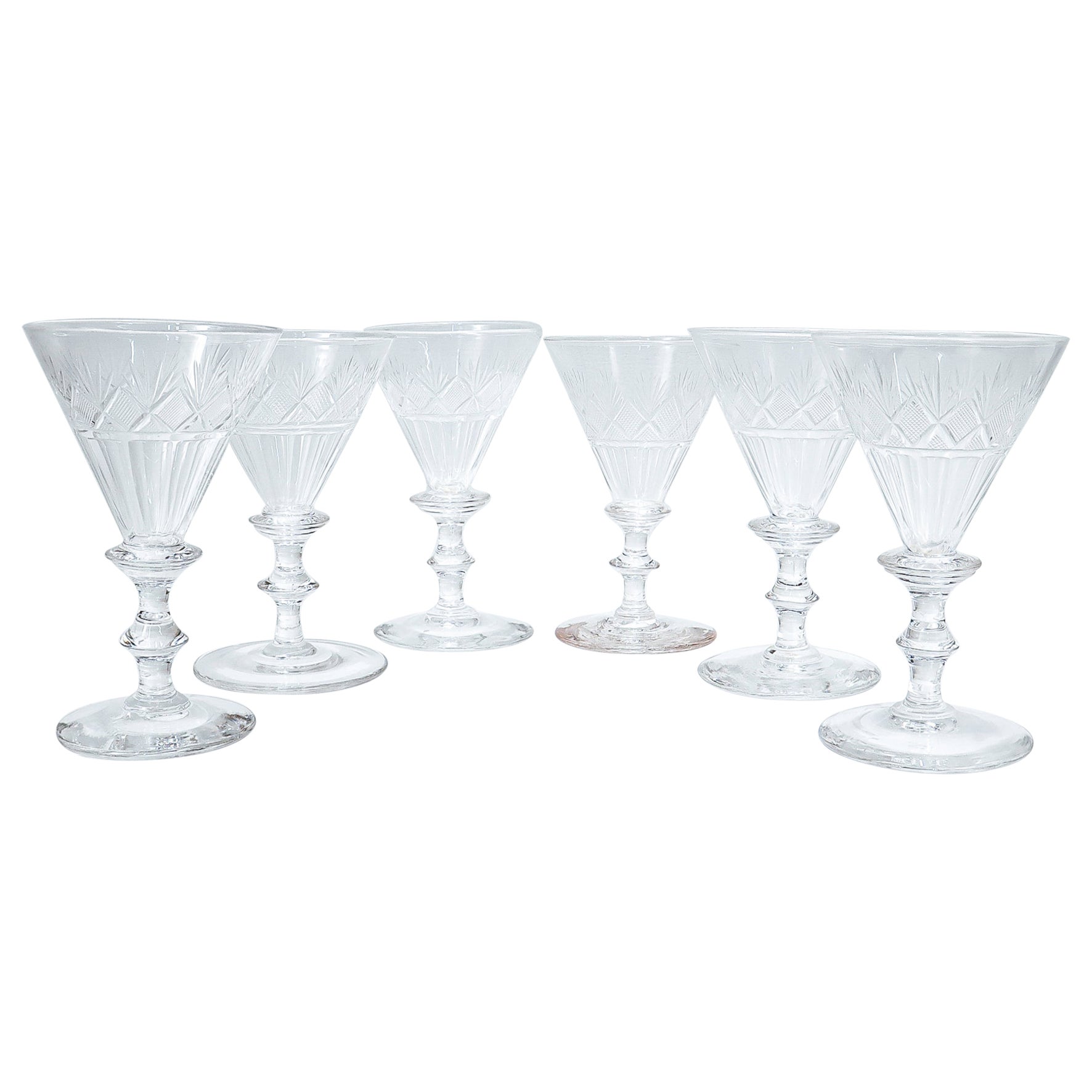 French Vintage Handcraft Set of Six Crystal Wine Glasses Style of Lalique  at 1stDibs