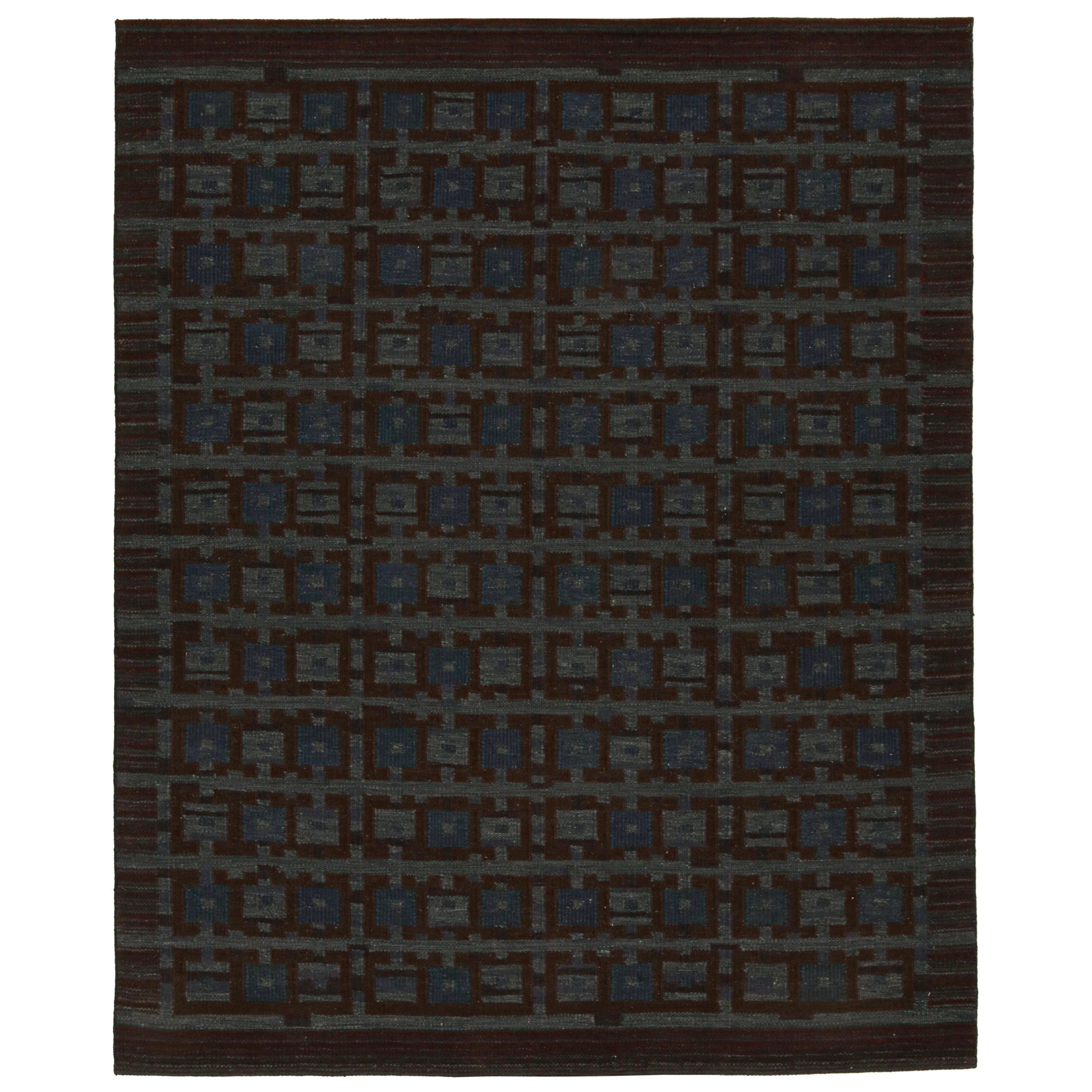 Rug & Kilim’s Scandinavian Style Kilim in Blue & Brown Geometric Pattern For Sale