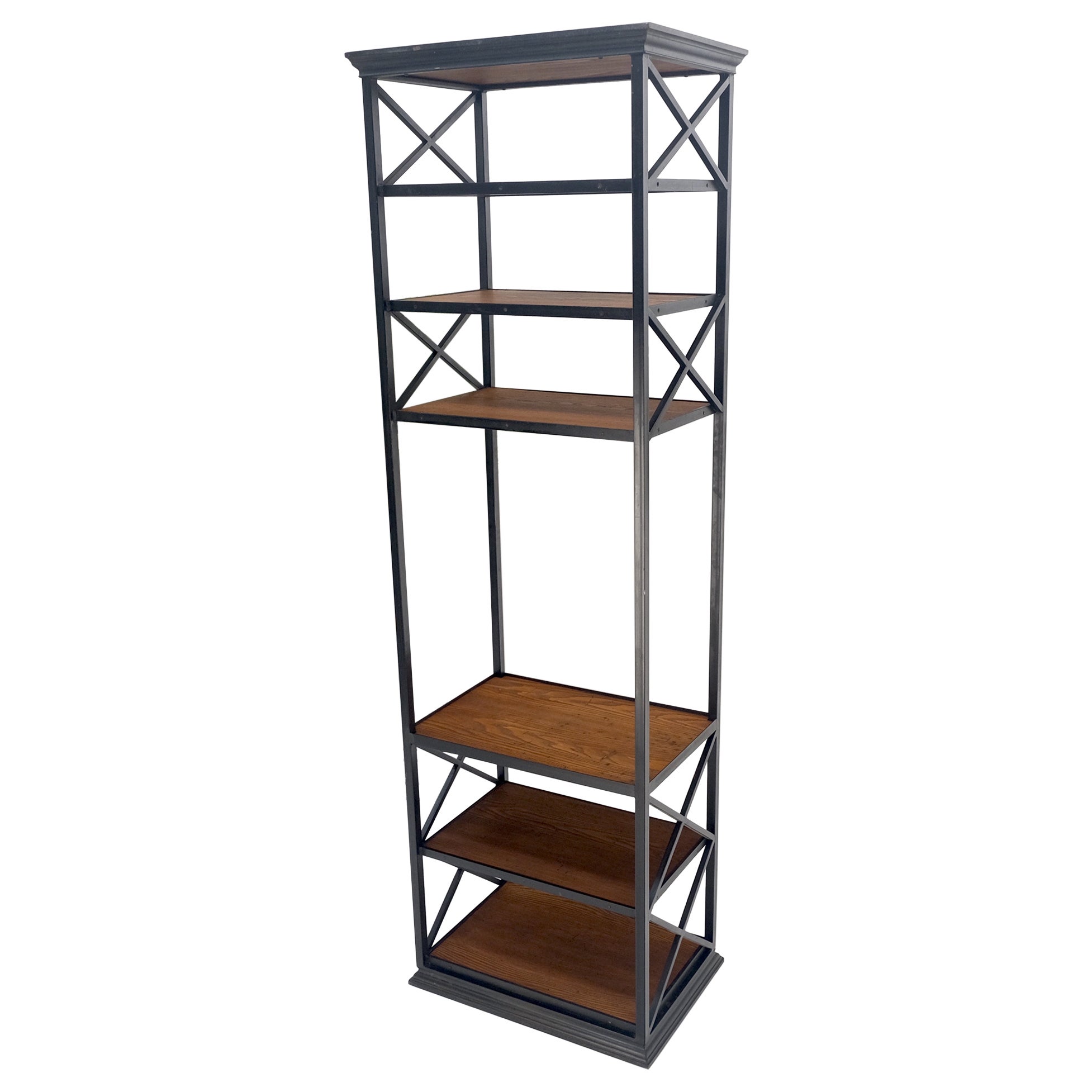 Black Steel & Wormy Chestnut Shelves 8 Foot Tall Etagere BookCase Display MINT For Sale