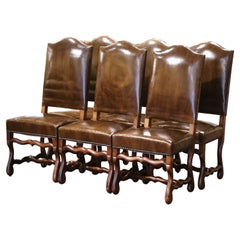 Mid-Century French Carved Louis XIII Chairs with Leather Upholstery - Set of Six