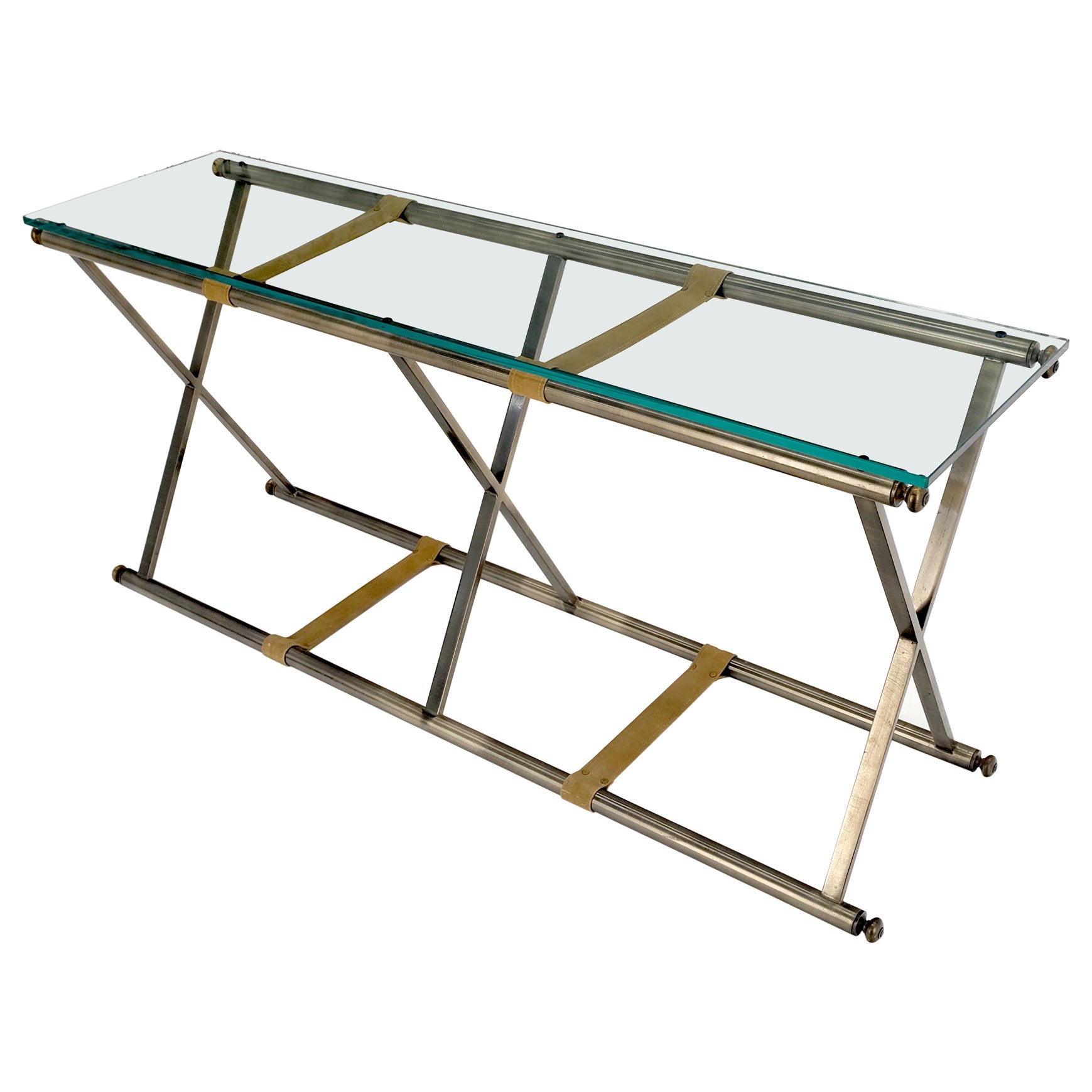 Glass Top X Shape Smoked Chrome Base rectangle Console Sofa Table MINT! For Sale