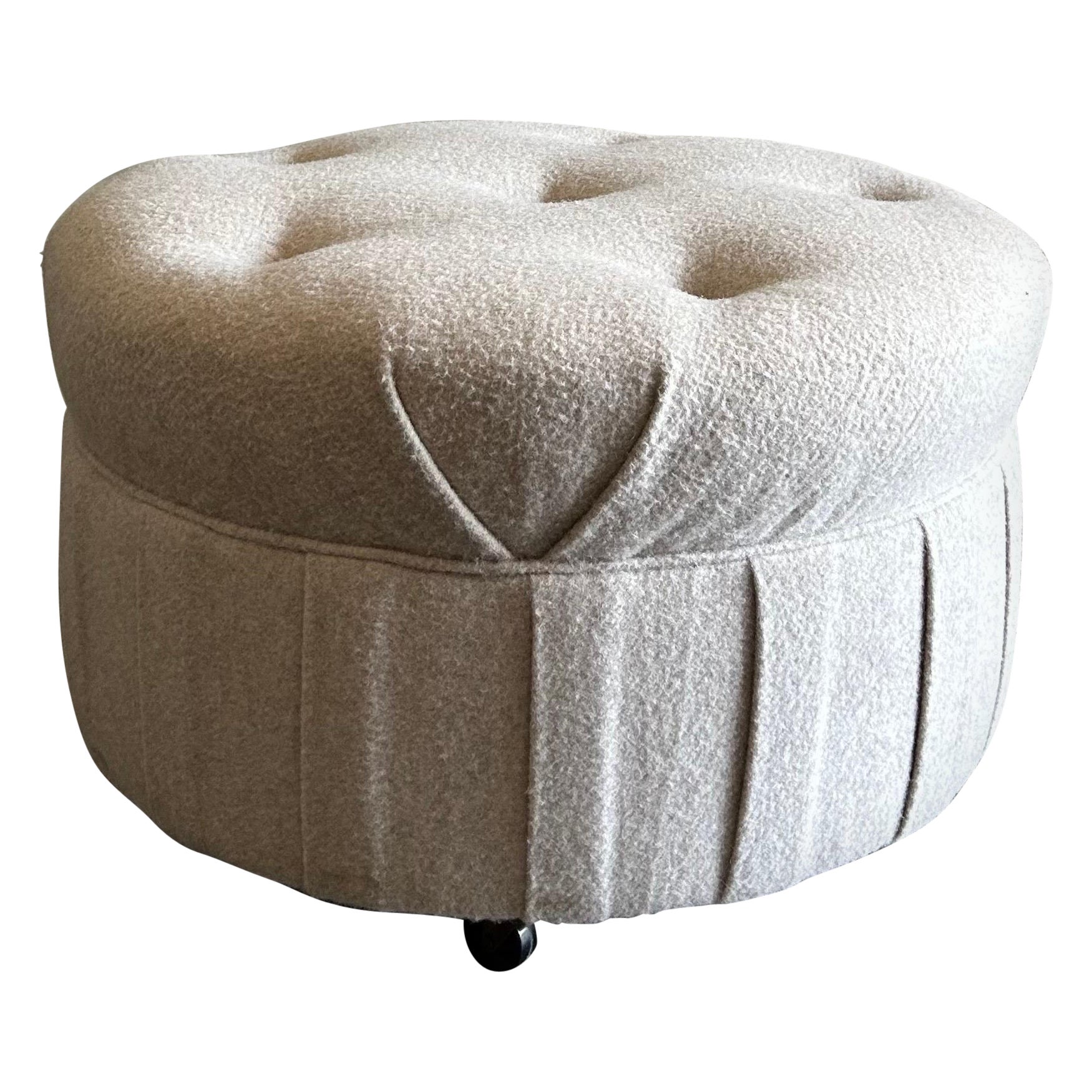 Custom Wool Round Button Tufted Ottoman with Rolling Wheels  For Sale