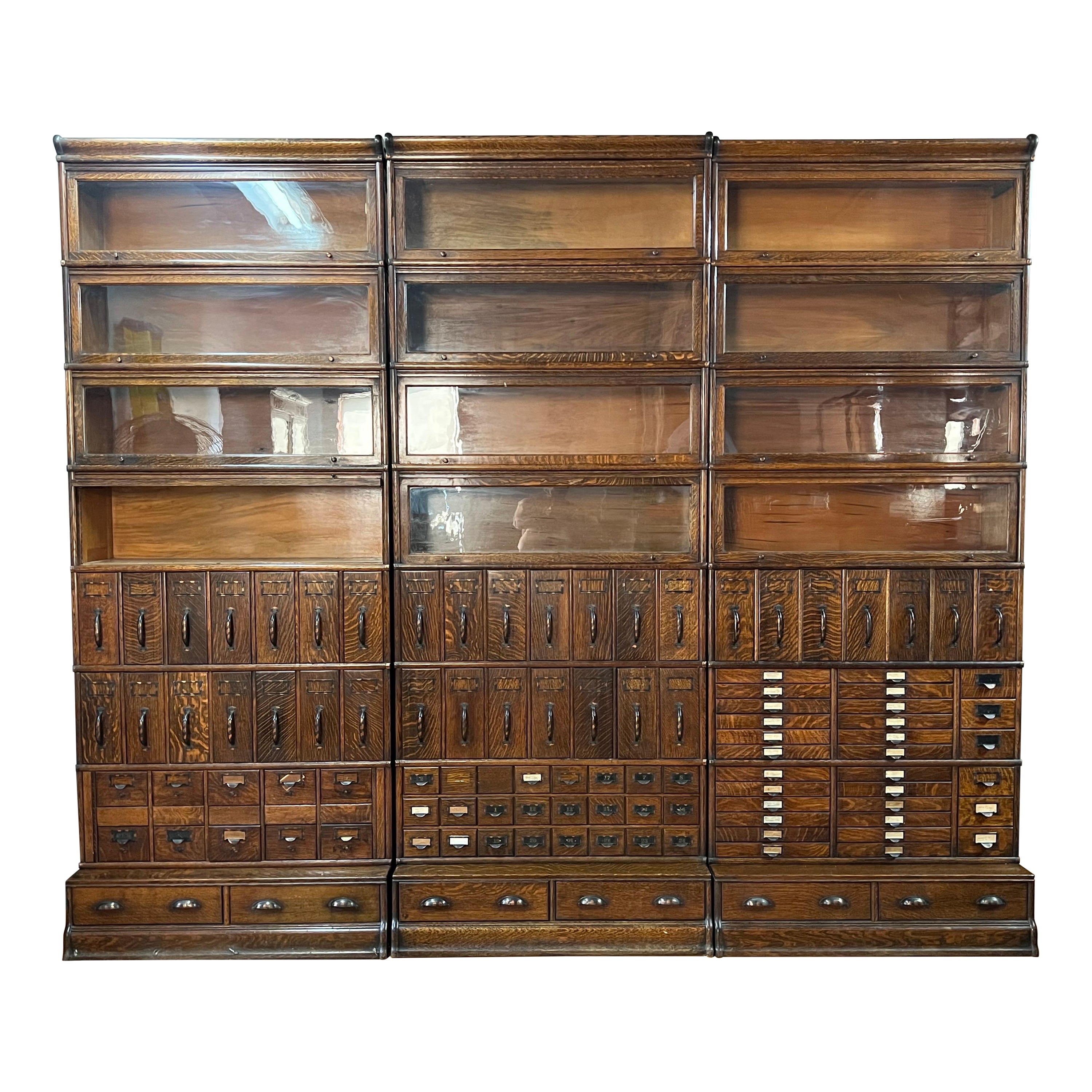 Monumental 1903 Glove Wernicke Tiger Oak Barrister Bookcases and File Cabinets For Sale