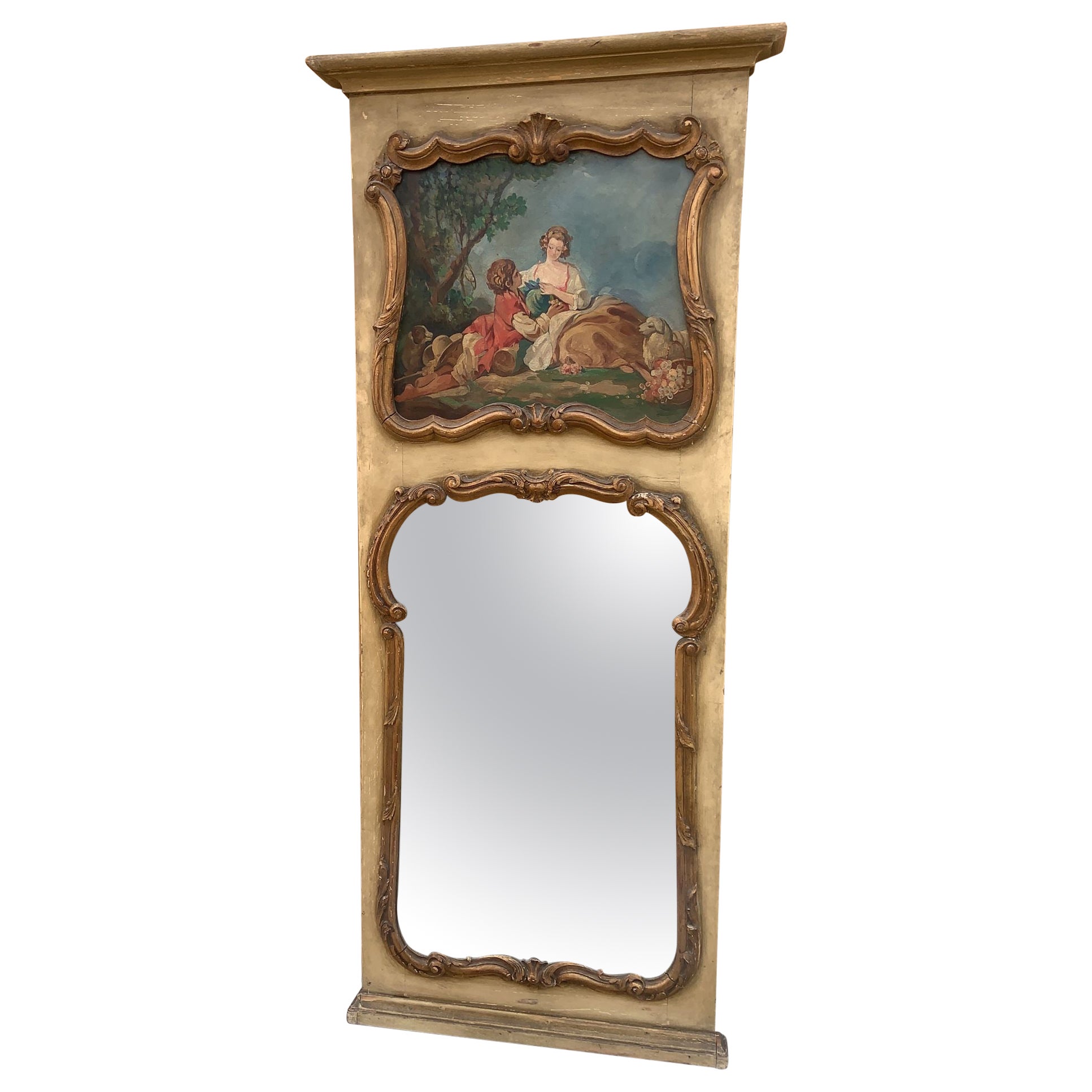 Antique French Trumeau Parcel Gilt Mirror with Painted Canvas For Sale