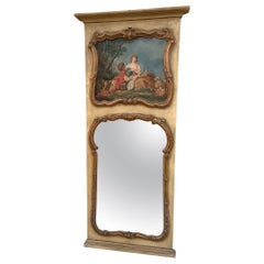 Antique French Trumeau Parcel Gilt Mirror with Painted Canvas