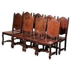  Spanische geschnitzte Nussbaumstühle aus dem 19. Jahrhundert mit geprägtem Leder, achtteilig, Set